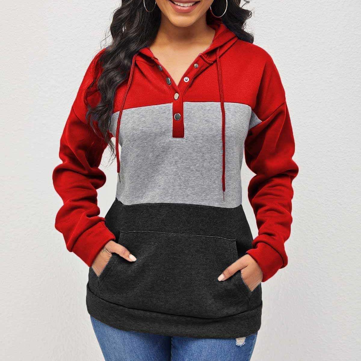 Neck Button Patch-Work Style Winter Hoodie For Her. Main image
