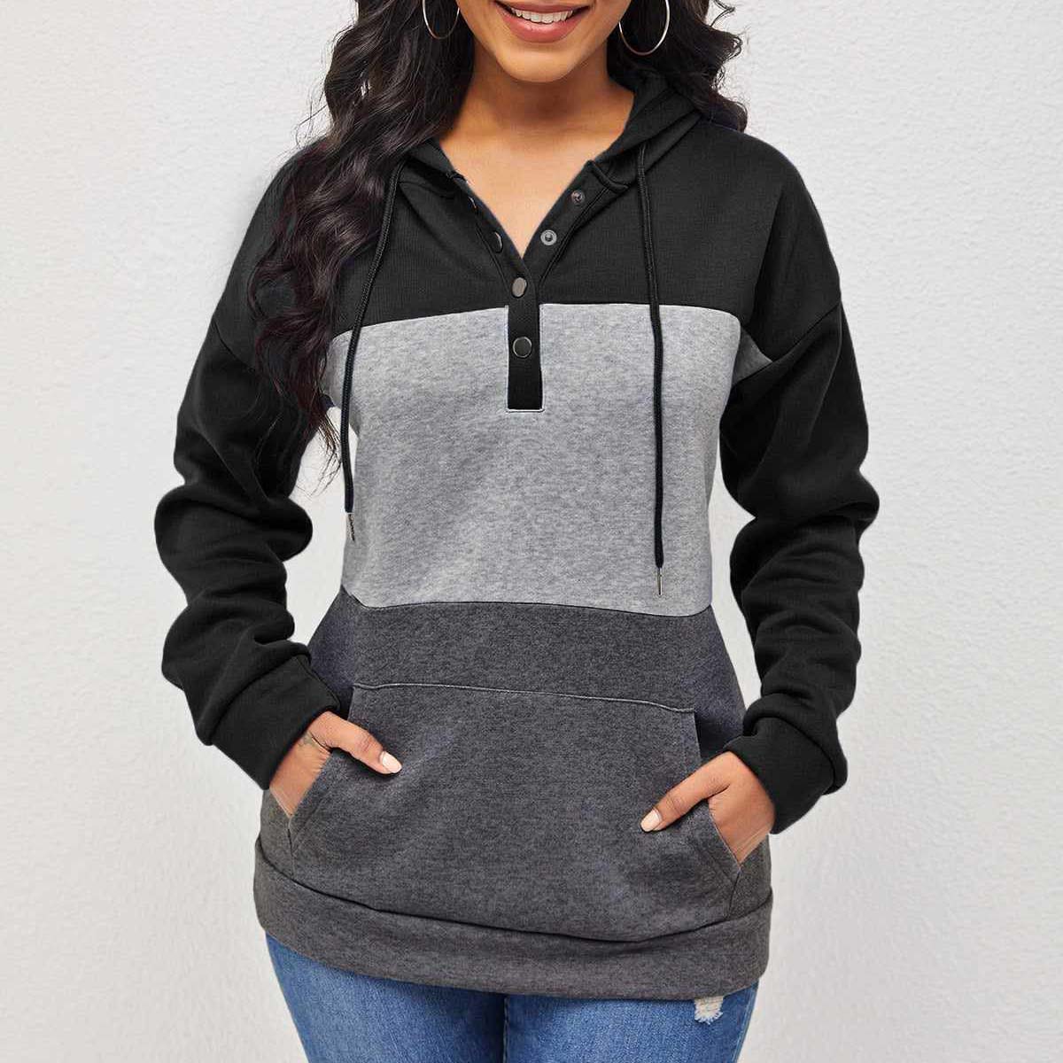 Neck Button Patch-Work Style Winter Hoodie For Her. Secondary image