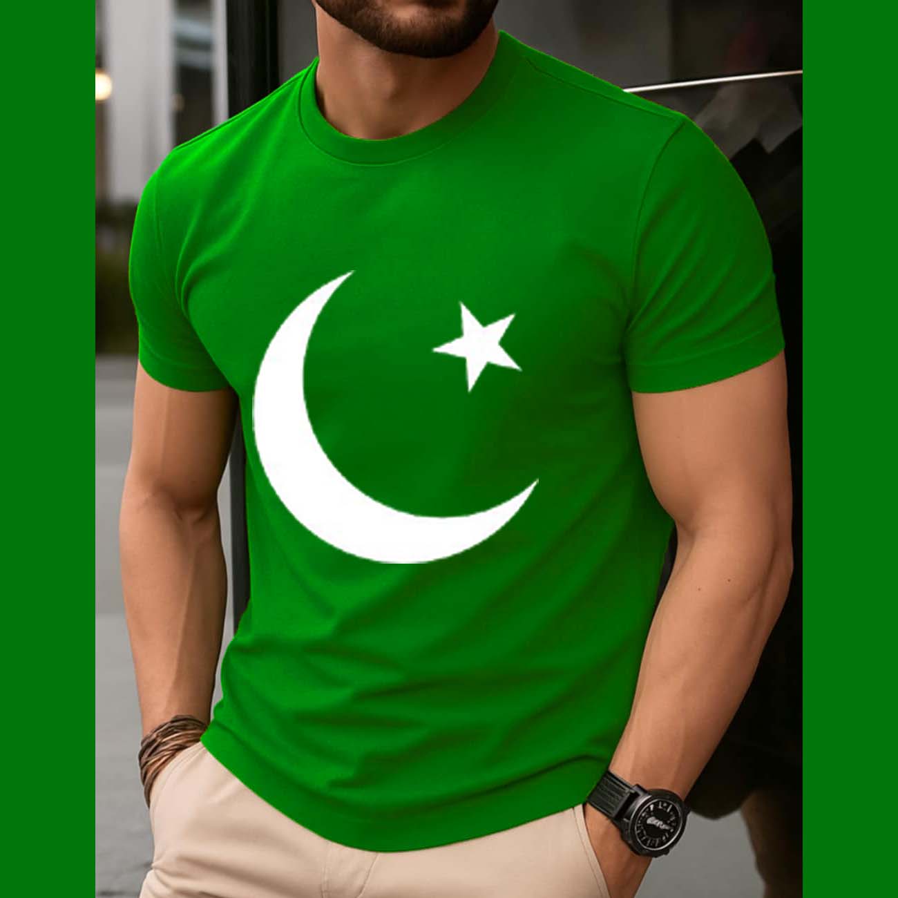 Green CT Big Printed R-Neck Hlaf Sleeve Azadi Tshirt. Main image