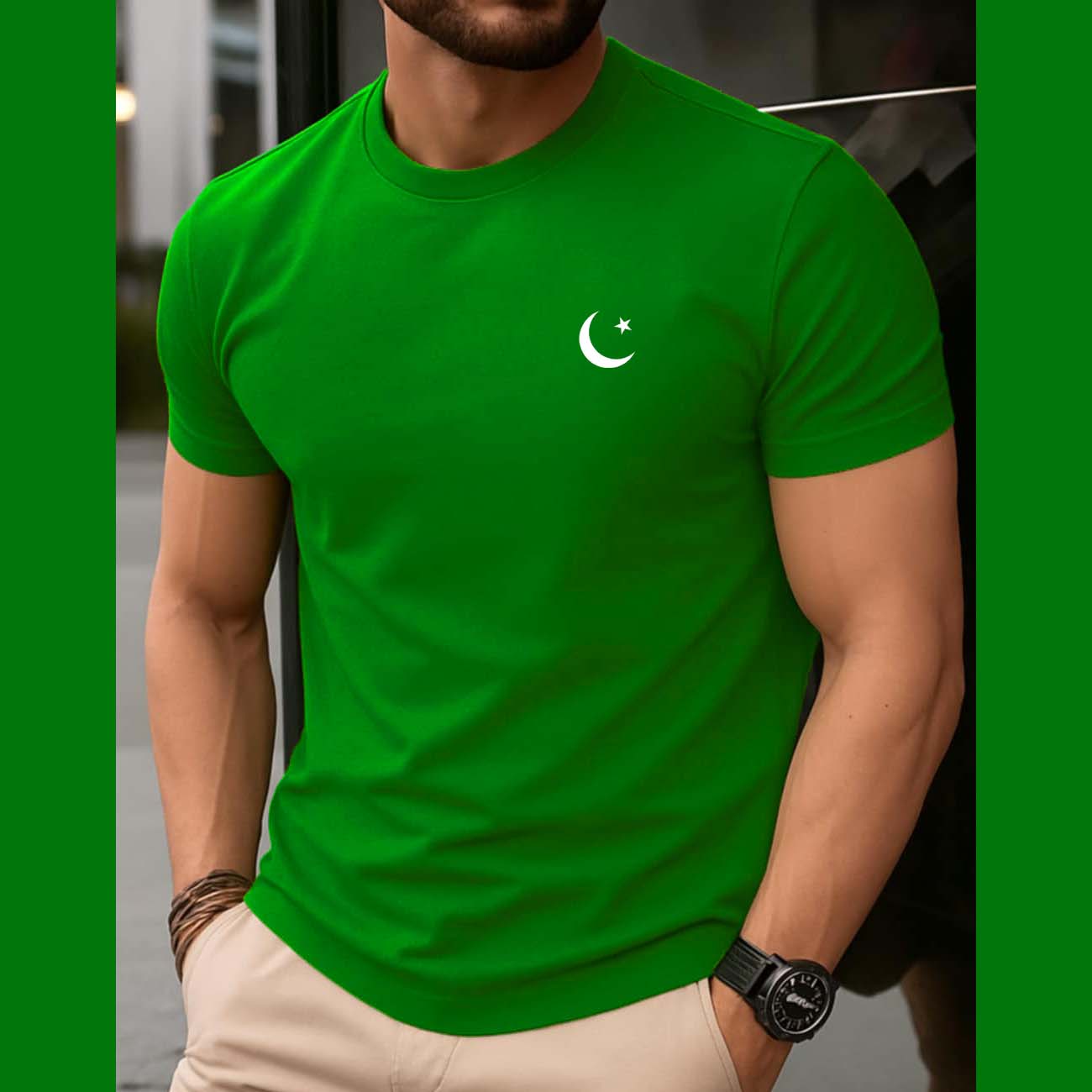 Green CT Logo Printed R-Neck Half Sleeve Azadi Tshirt. Main image