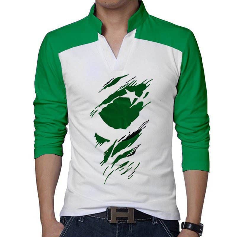 White Body Laiso Collar 3D Flag Printed Full Sleeve Azadi Tshirt. D-39 Main image