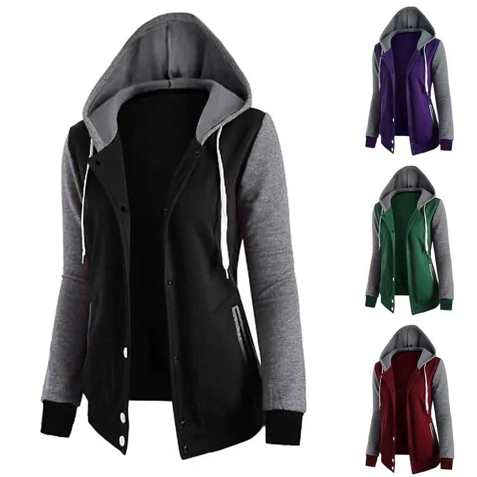 Contrast Sleeves Button Style Winter Hoodie For Her. Main image