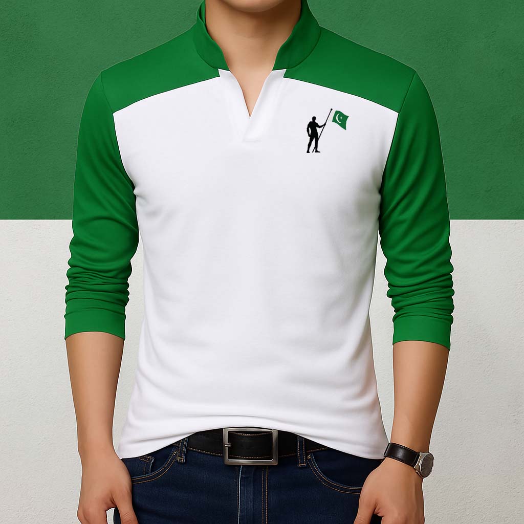 White Body Laiso Collar Stand Flag Logo Printed Full Sleeve Azadi Tshirt. D-39 Main image