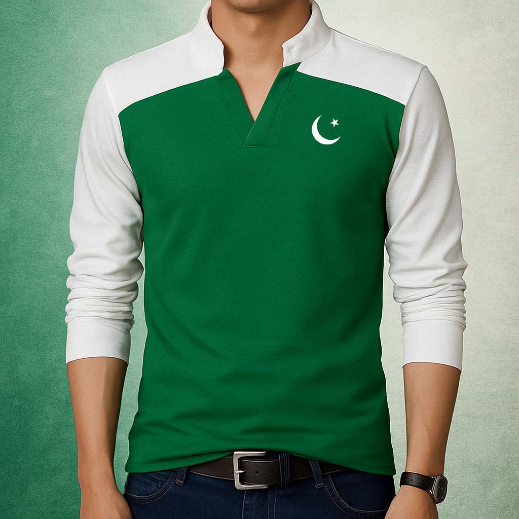 Green Body Laiso Collar CT Logo Printed Full Sleeve Azadi Tshirt. D-39 Main image