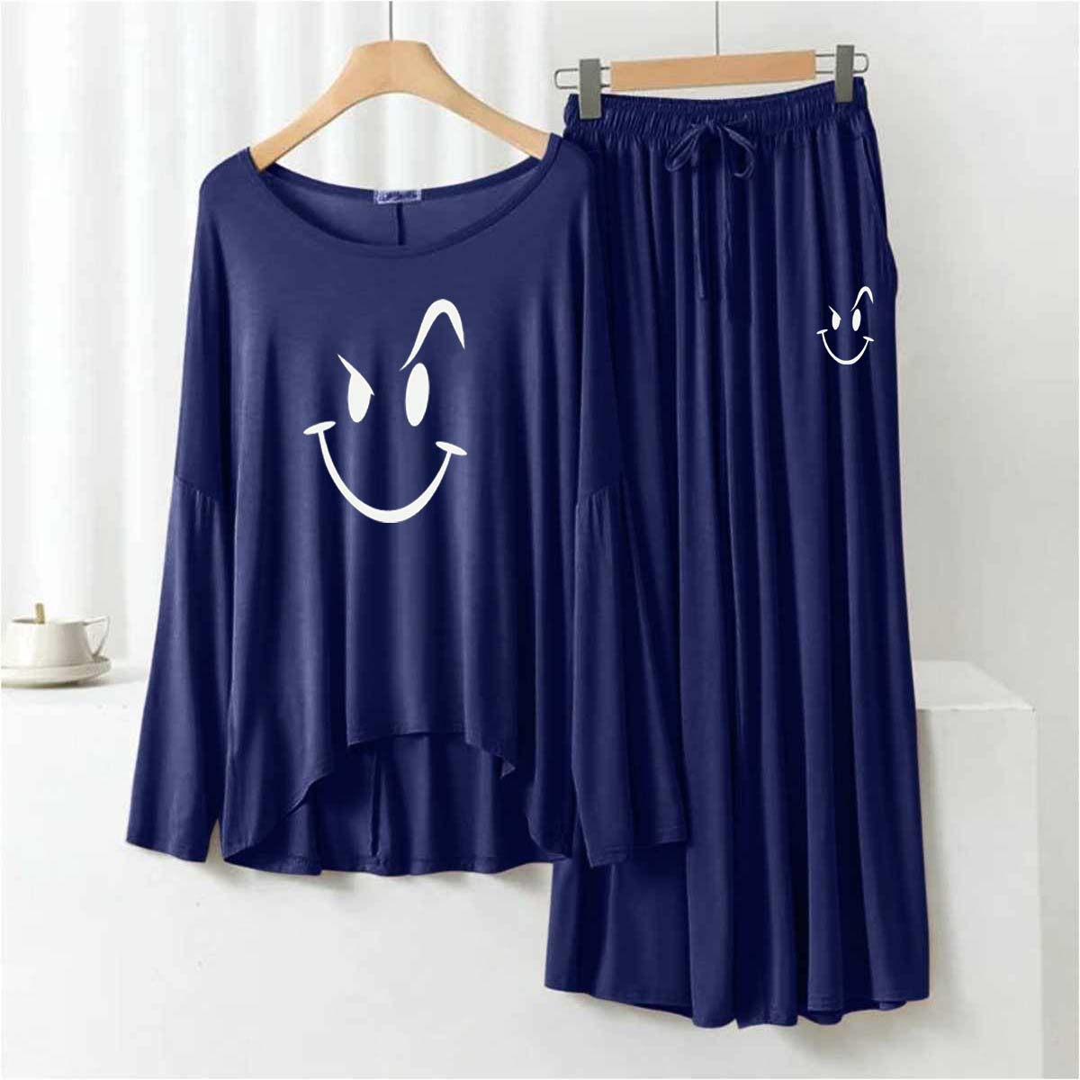 Navy Plazo-Style Big-Printed 2-Pcs Lounge And Night Wear Suit. WLW-08