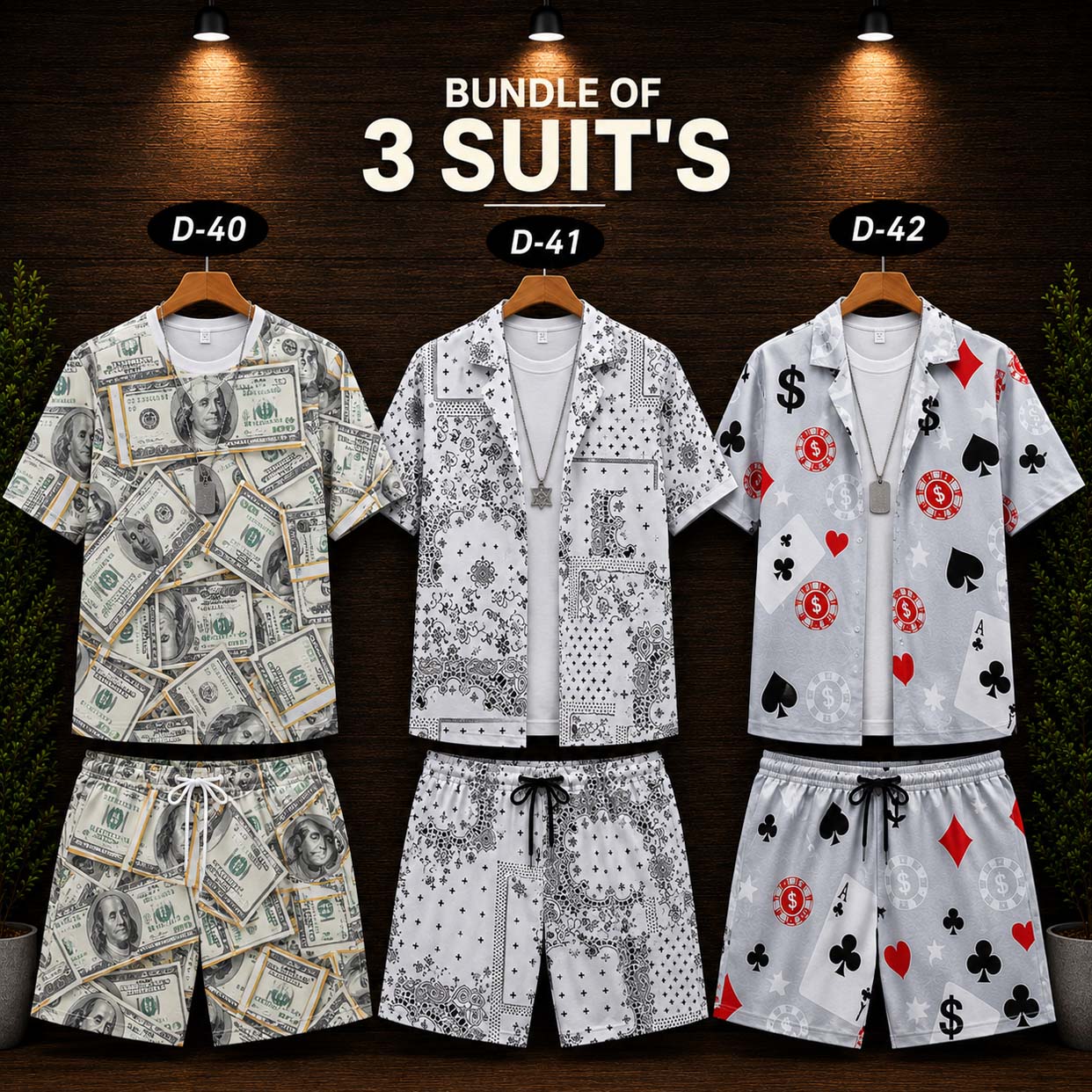 Bundle Of 3 Dry-Fit 3D-Printed Shirt Style 2-Pcs Summer Suit. Deal-18 (Clearance-Sale) MS3D-01-02-40