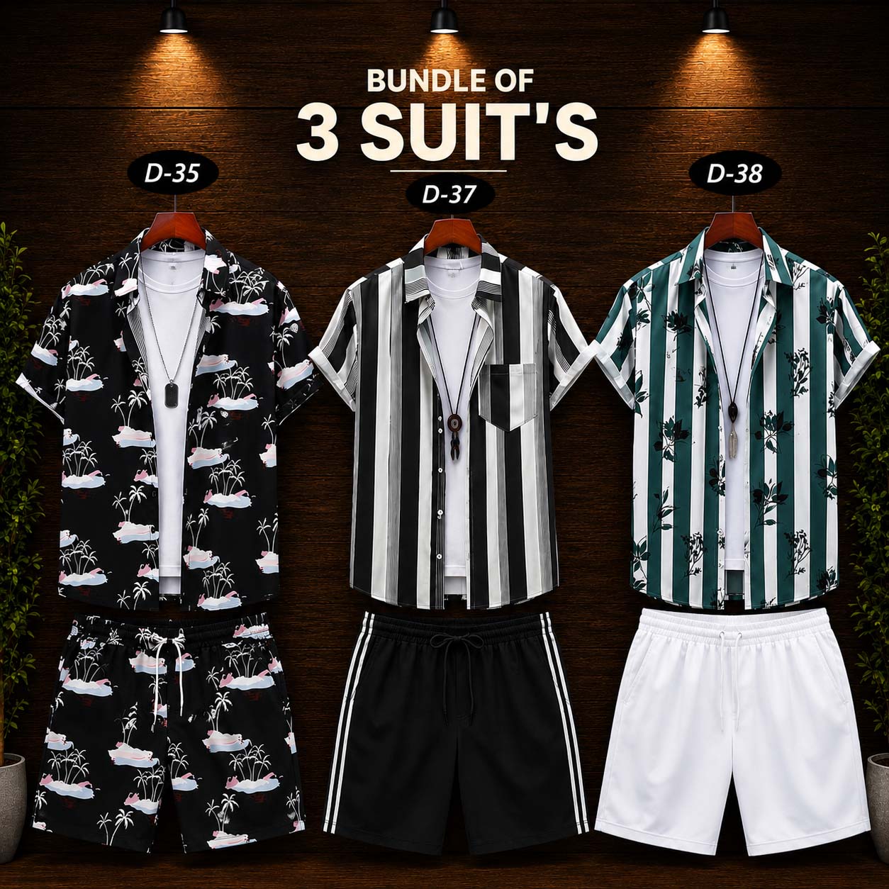 Bundle Of 3 Dry-Fit 3D-Printed Shirt Style 2-Pcs Summer Suit. Deal-19 (Clearance-Sale) MS3D-35-37-38