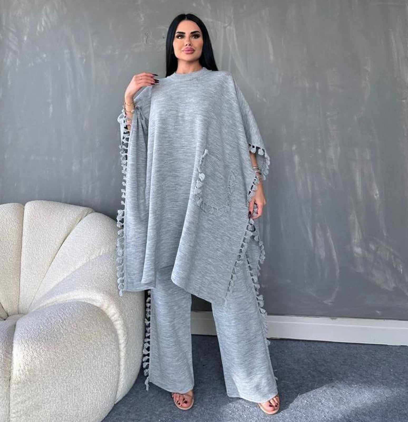 Grey Open-Shawl Style Lace Work 2-Pcs Winter Co-Ord Set. WWTS-07 Main image