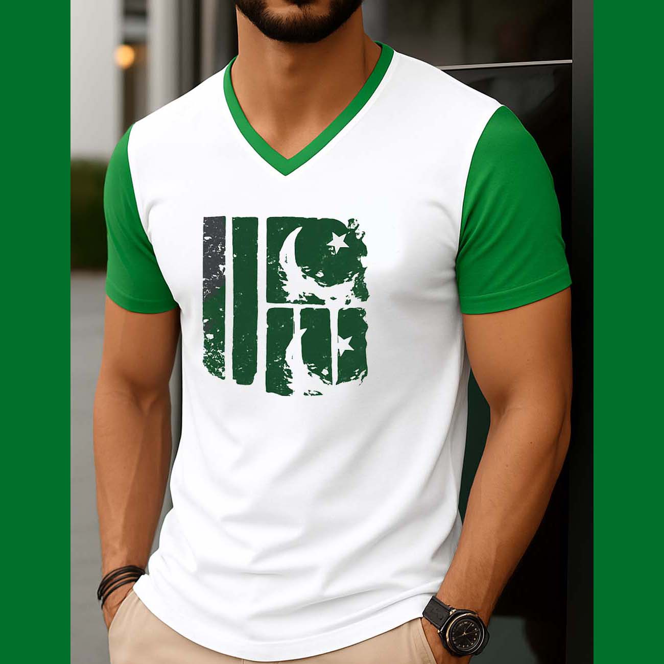 White Contrast Neck & Sleeve Style Damage-Flag Printed V-Neck Half Sleeve Azadi Tshirt. D-49 Main image
