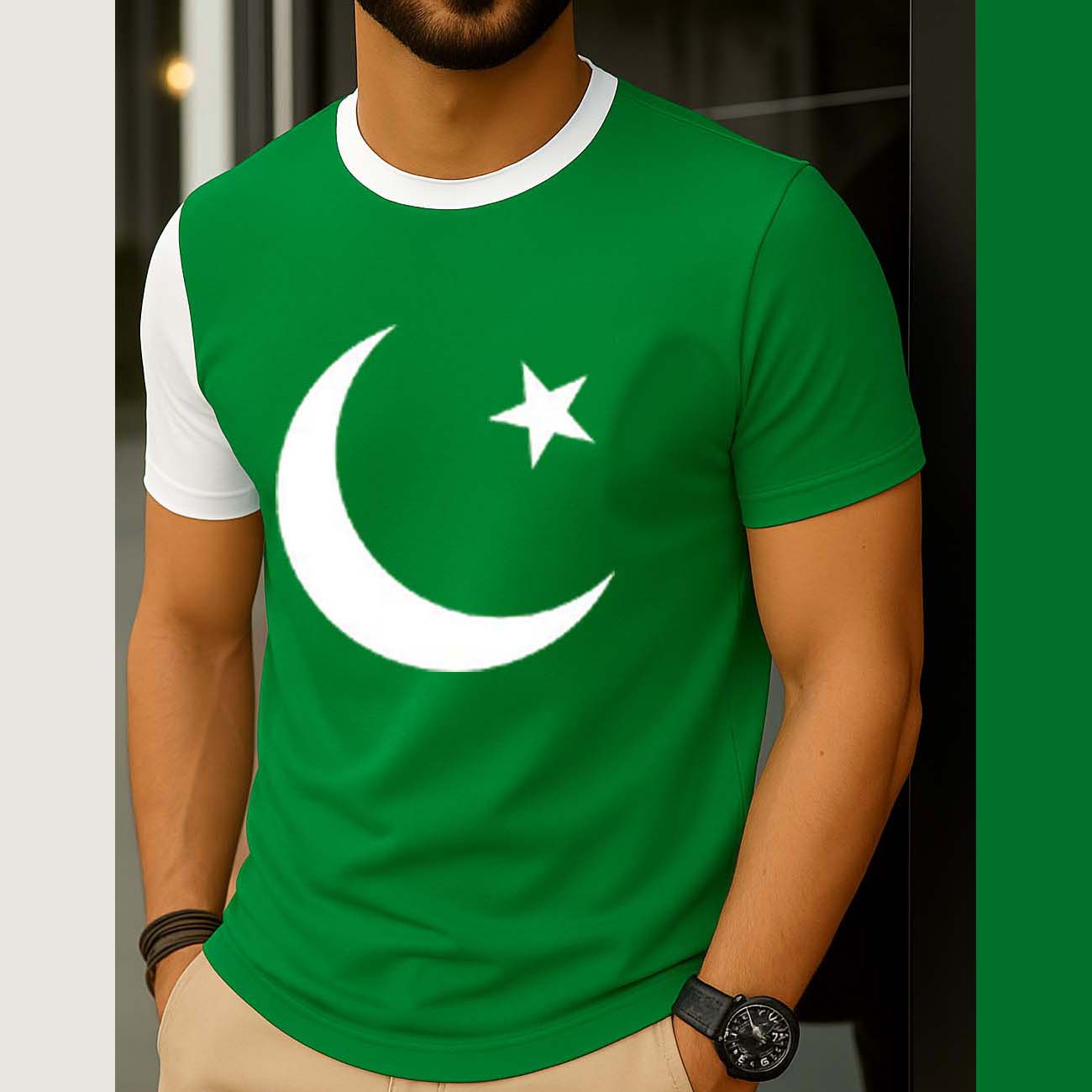 Green Contrast Neck Style CT Big Printed R-Neck Half Sleeve Azadi Tshirt. D-49 Main image