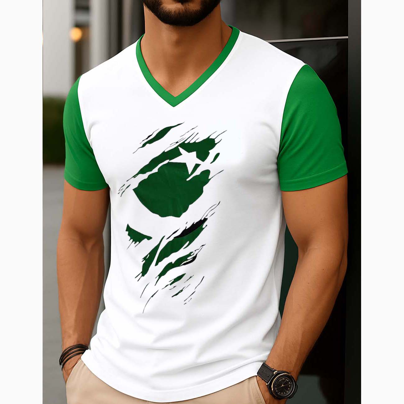 White Contrast Style 3D Flag Printed V-Neck Half Sleeve Azadi Tshirt. D-49
