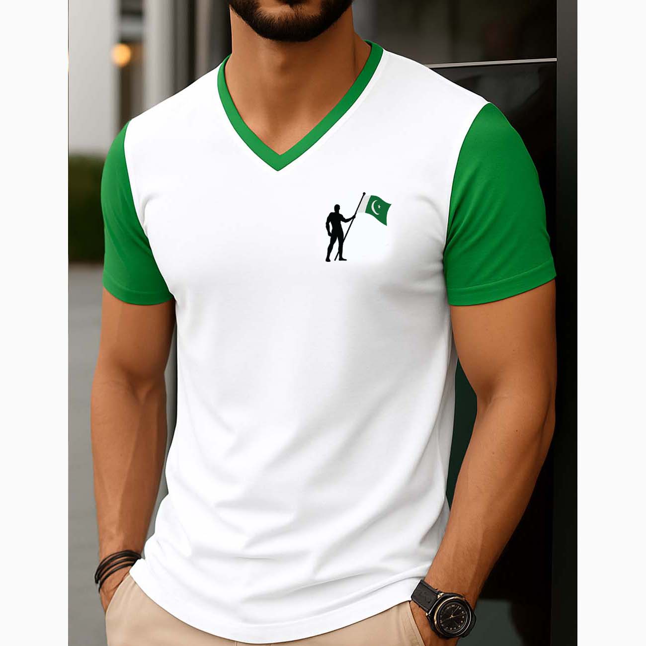 White Contrast Style Hold Flag Logo Printed V-Neck Half Sleeve Azadi Tshirt. D-49 Main image