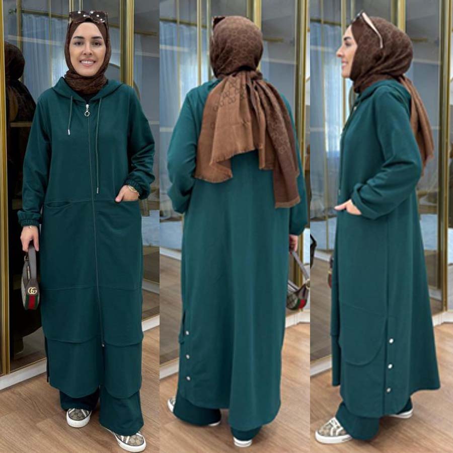 Long Zipper Baggy-Pocket Hooded Abaya Style 2-Pcs Winter Suit. WWTS-54 Secondary image