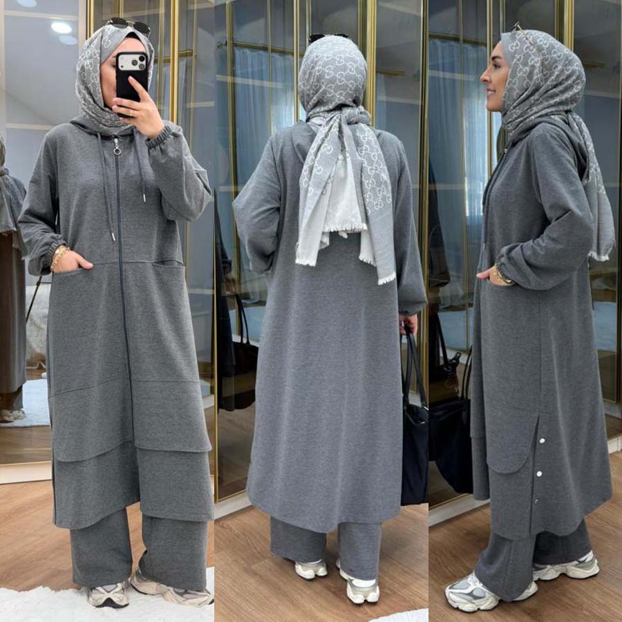 Long Zipper Baggy-Pocket Hooded Abaya Style 2-Pcs Winter Suit. WWTS-54 Main image