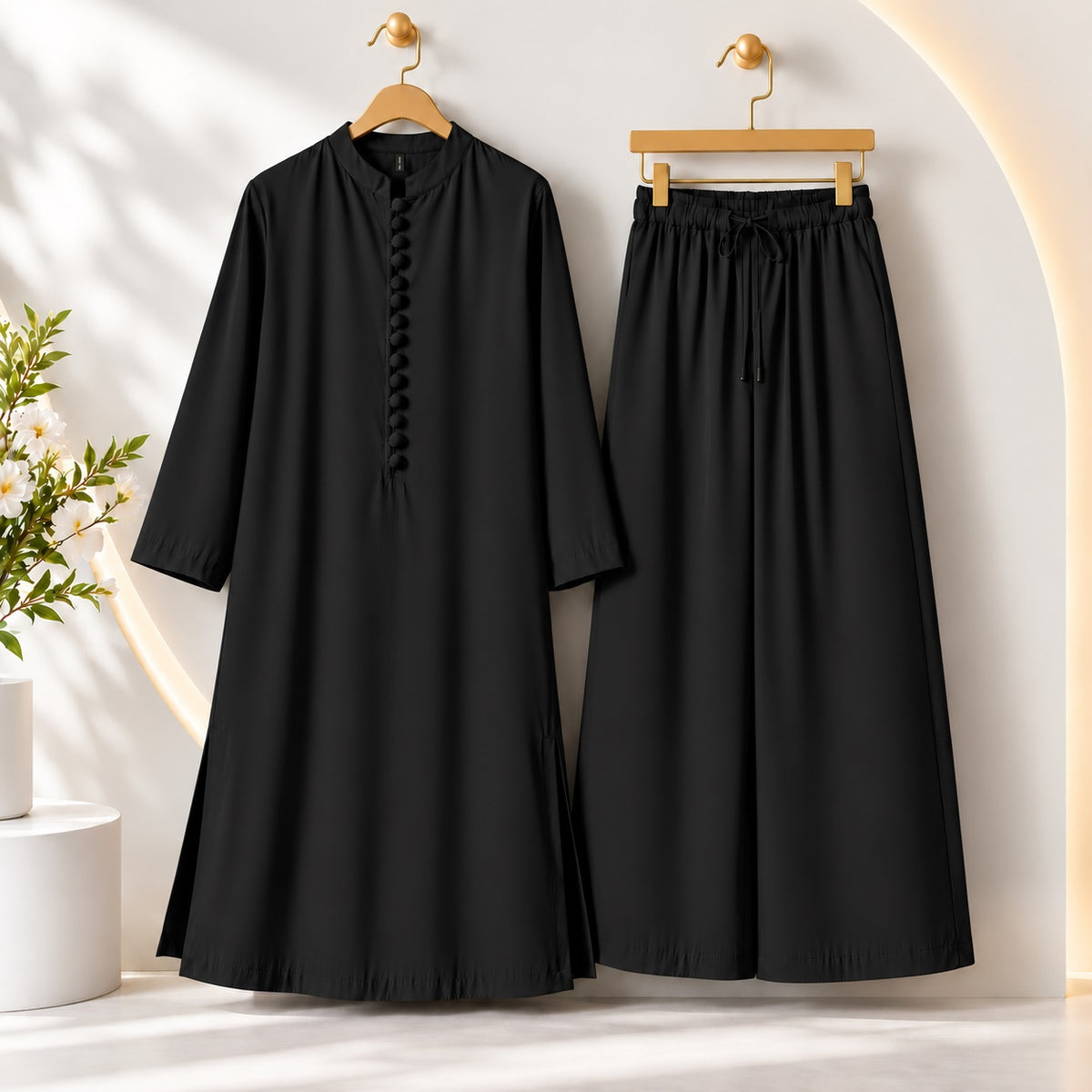 Karizma Solid Long Shirt & Plazo Style 2-Pcs Stiched Co-Ord Set! Black Main image