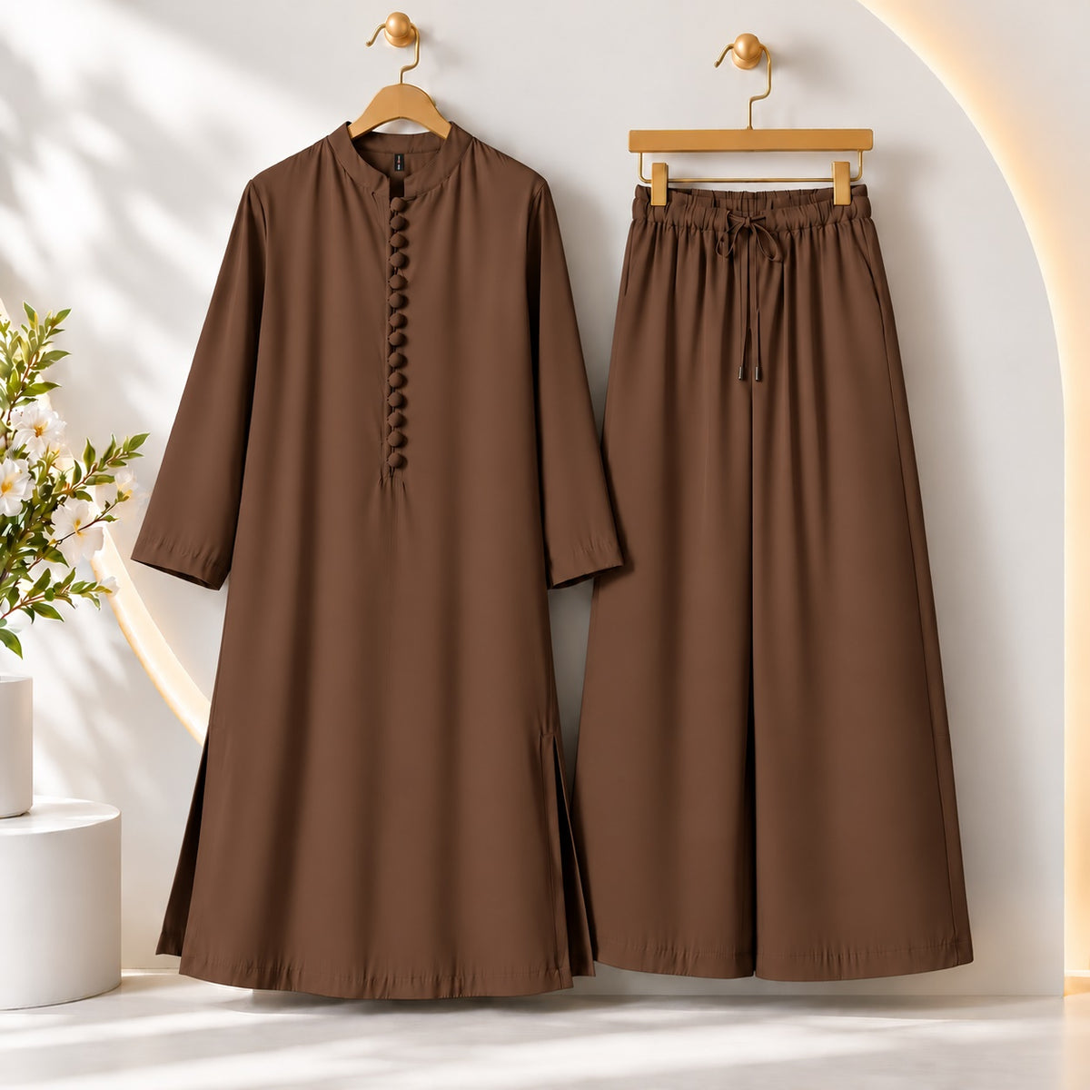 Karizma Solid Long Shirt & Plazo Style 2-Pcs Stiched Co-Ord Set! Brown Main image