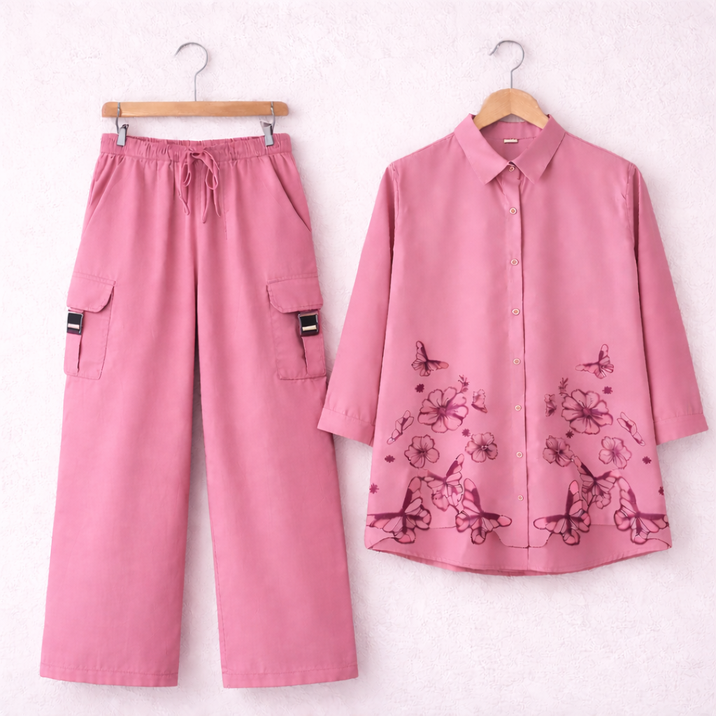 Pink Cotton Embroidered Western Shirt & Cargo Style 2-Pcs Stiched Co-Ord Set. KML-01 Main image