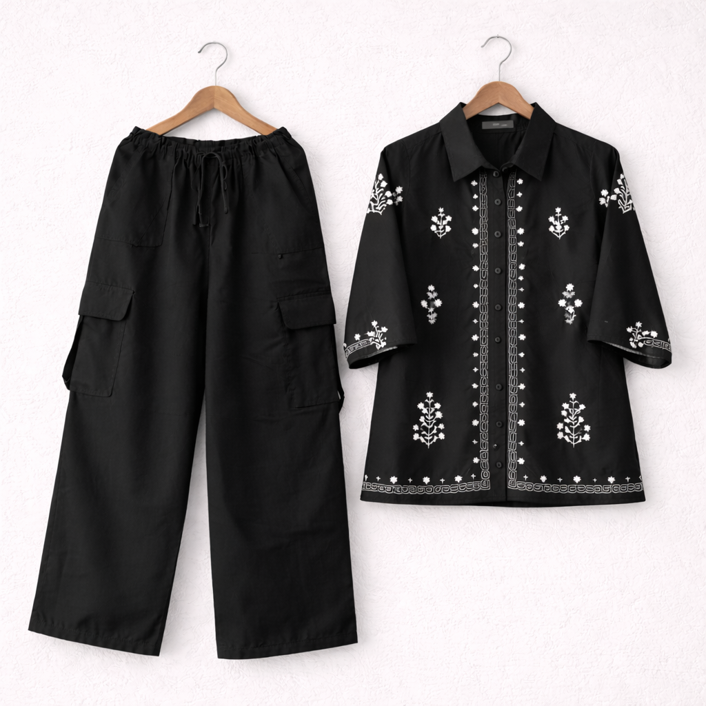 Cotton Embroidered Western Shirt & Cargo Style 2-Pcs Stiched Co-Ord Set. KML-02 Main image