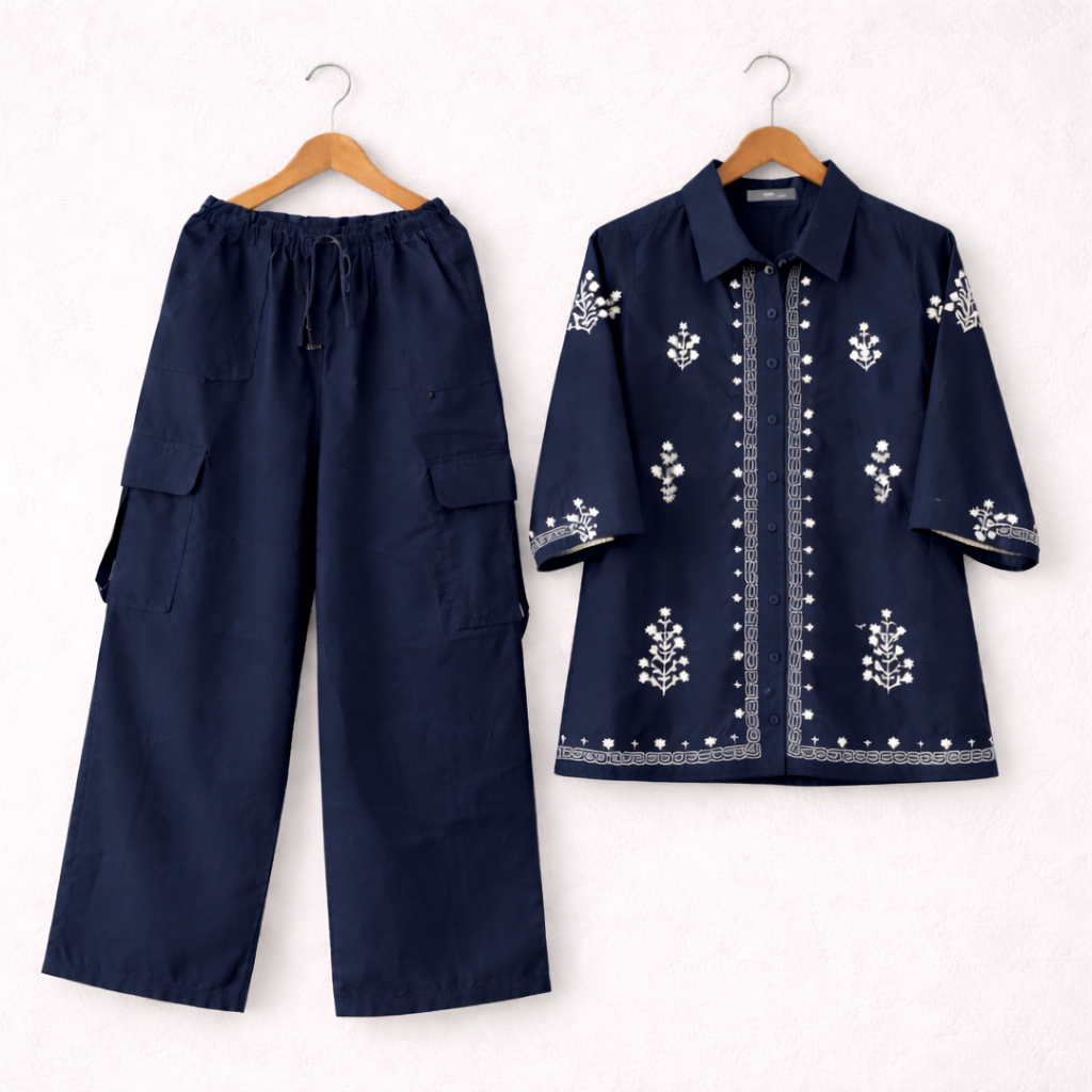 Cotton Embroidered Western Shirt & Cargo Style 2-Pcs Stiched Co-Ord Set. KML-02