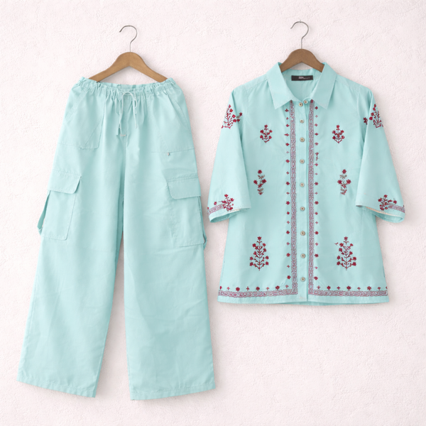 Cotton Embroidered Western Shirt & Cargo Style 2-Pcs Stiched Co-Ord Set. KML-02