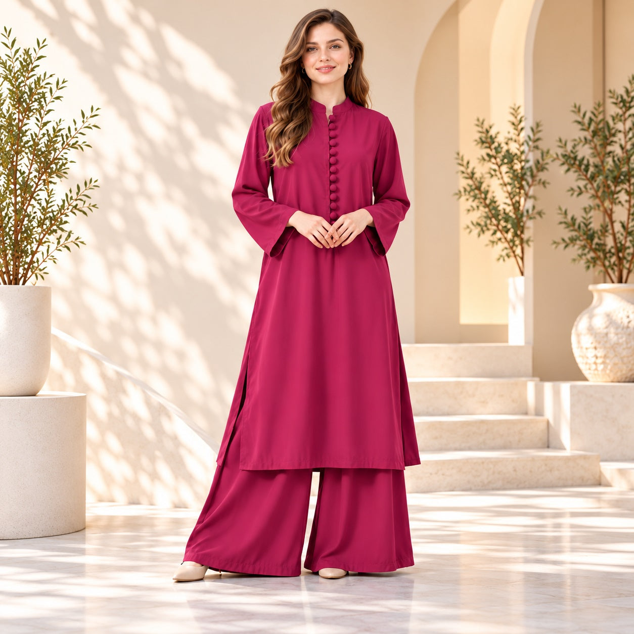 Karizma Solid Long Shirt & Plazo Style 2-Pcs Stiched Co-Ord Set! Deep Pink Secondary image