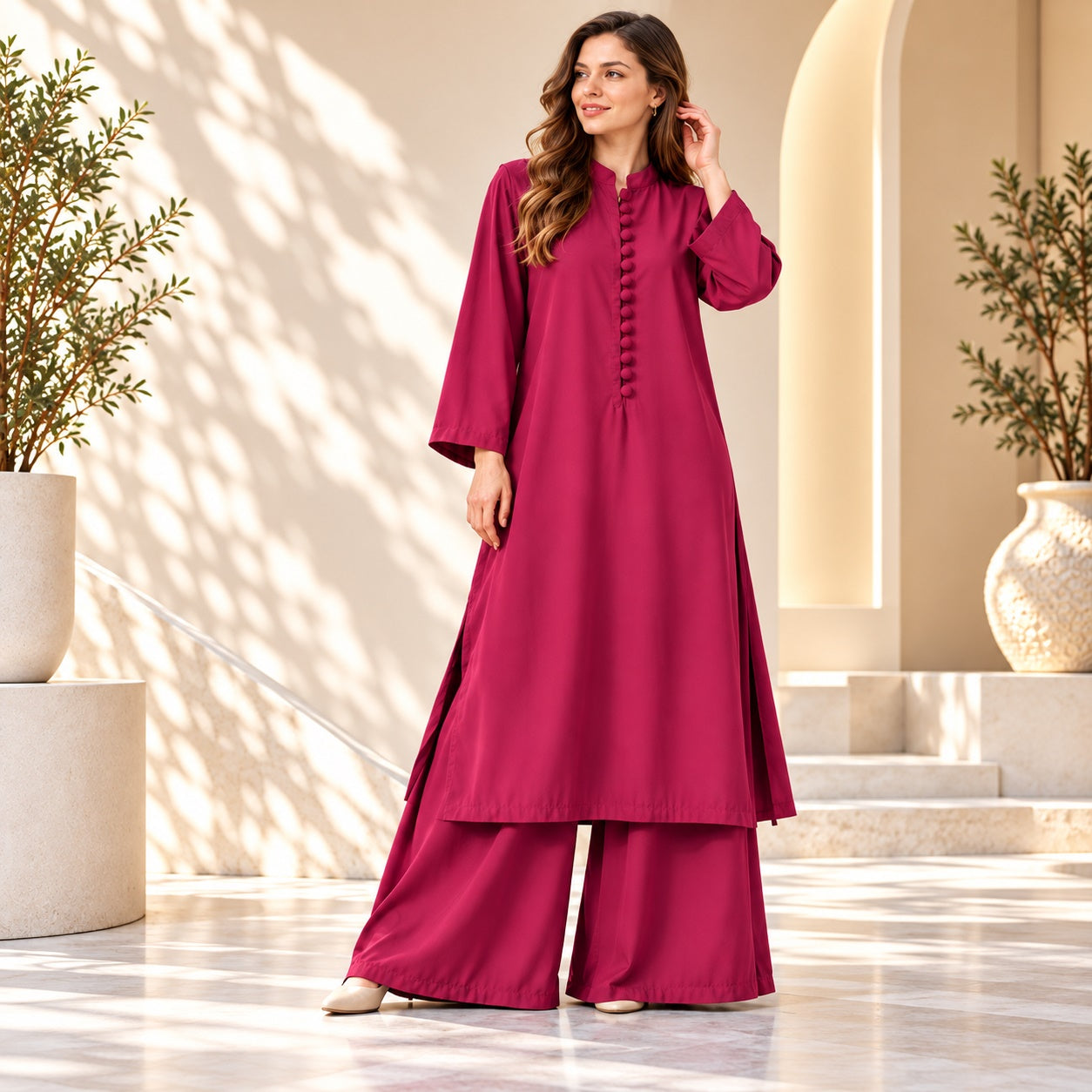 Karizma Solid Long Shirt & Plazo Style 2-Pcs Stiched Co-Ord Set!! Deep Pink Secondary image