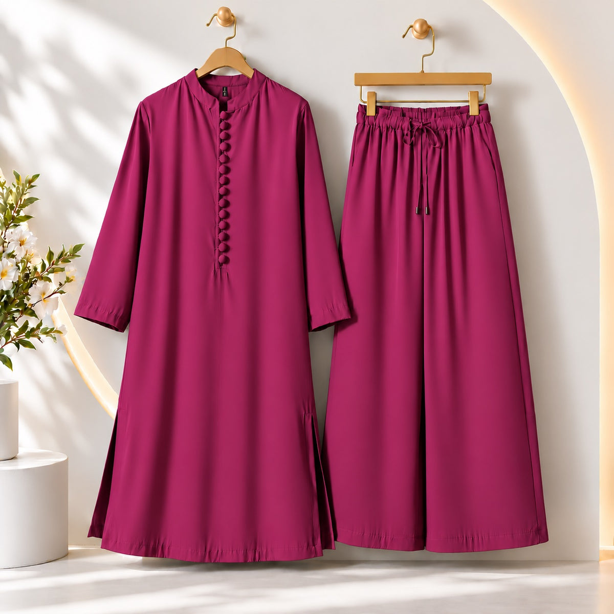 Karizma Solid Long Shirt & Plazo Style 2-Pcs Stiched Co-Ord Set! Deep Pink Main image