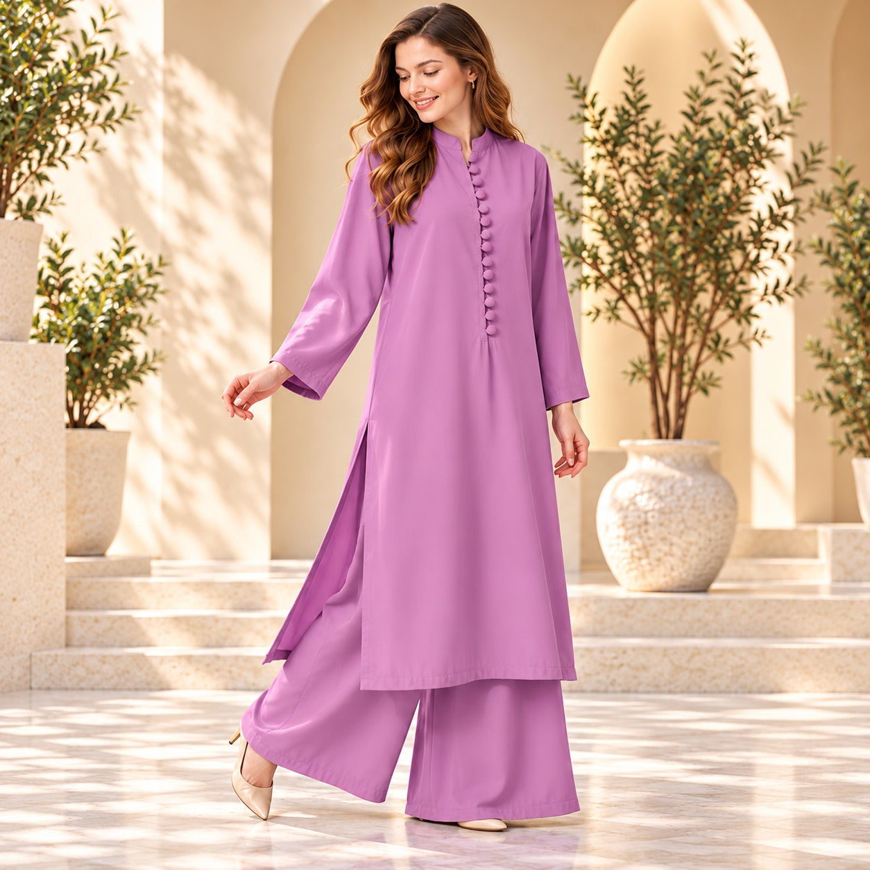 Karizma Solid Long Shirt & Plazo Style 2-Pc's Stiched Co-Ord Set! Lilac Secondary image