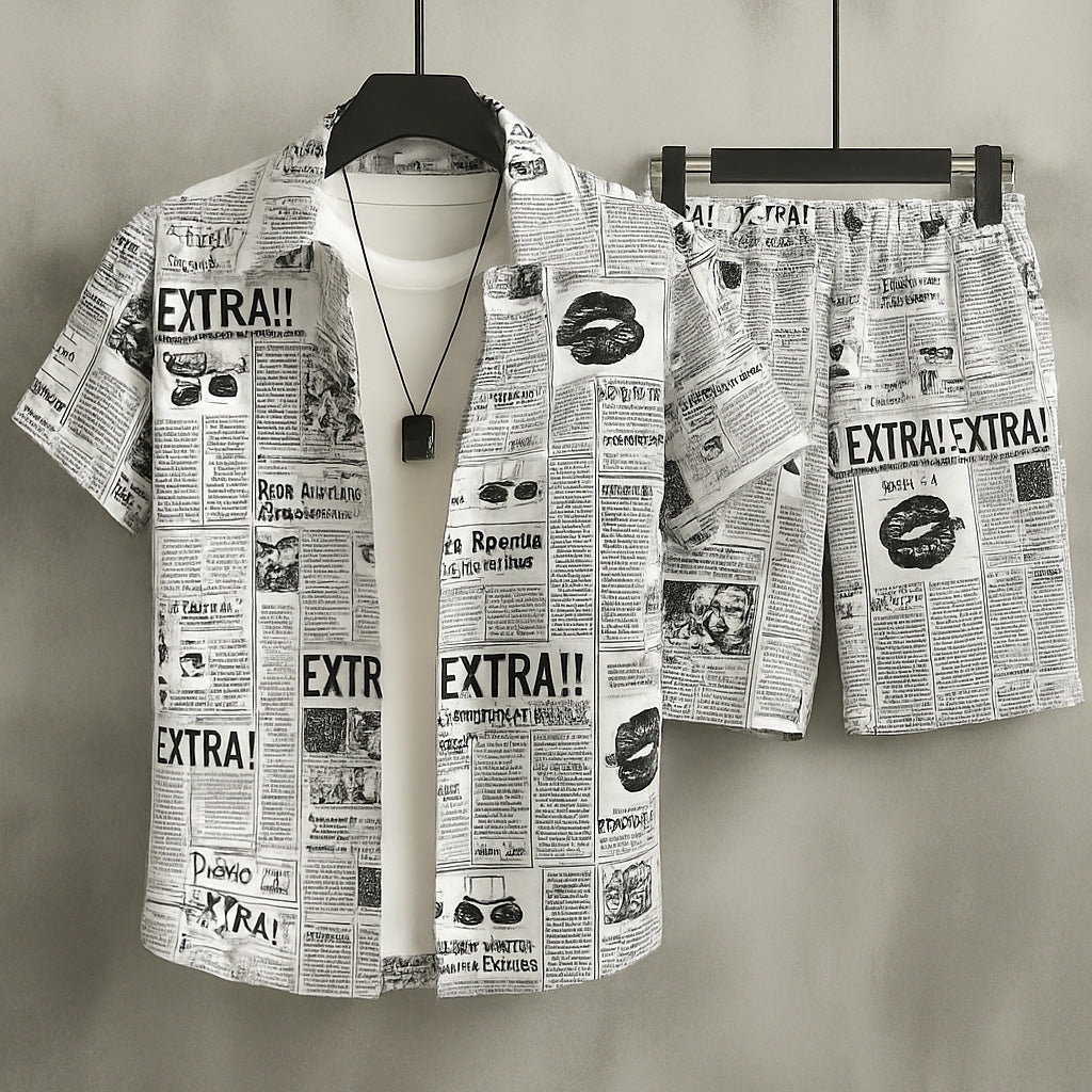 All-Over 3D News-Paper Printed Premium Quality Dry-Fit 2-Pcs Summer Suit. MS3D-14 Main image