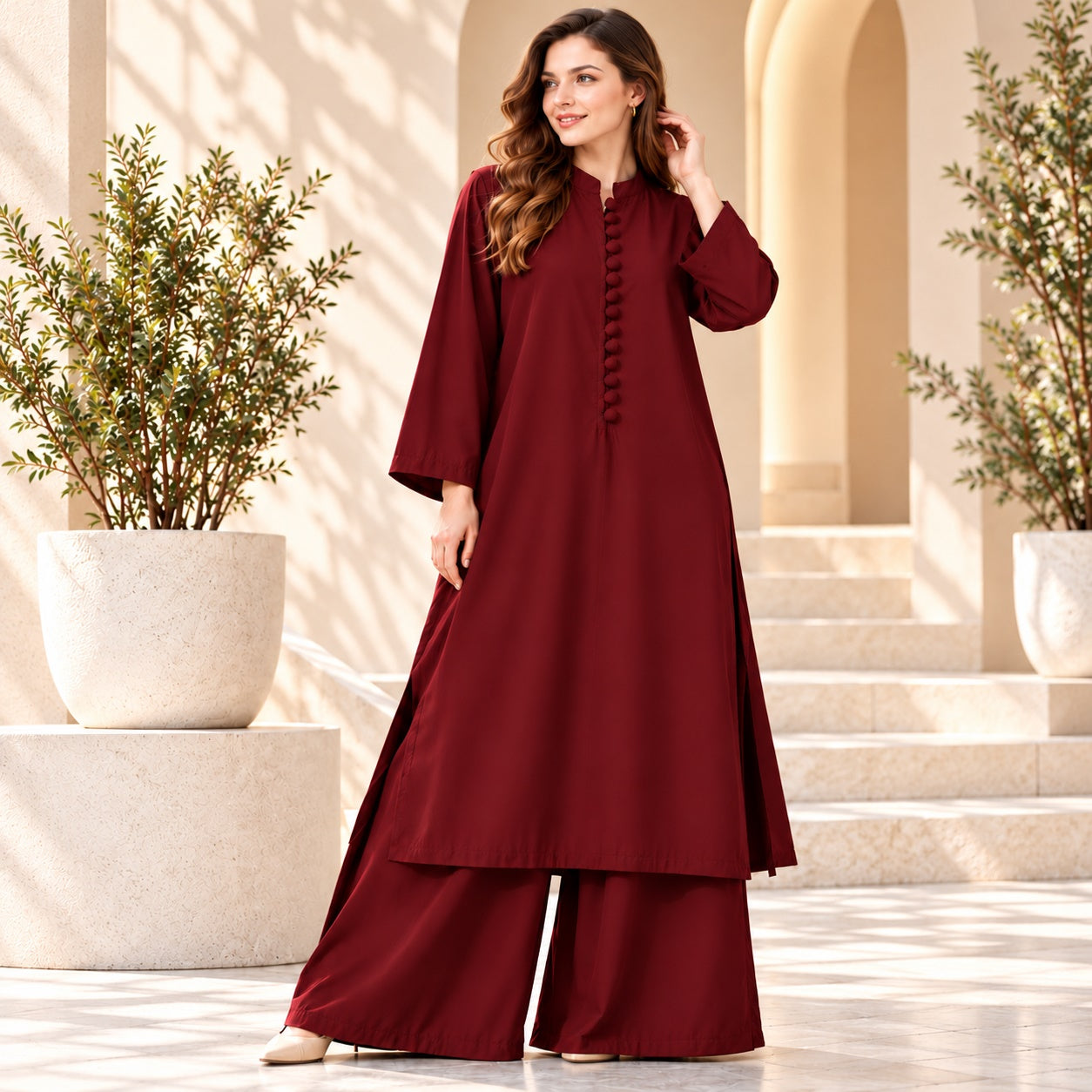 Karizma Solid Long Shirt & Plazo Style 2-Pcs Stiched Co-Ord Set!! Maroon Secondary image