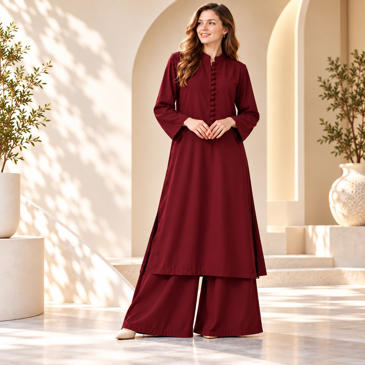Karizma Solid Long Shirt & Plazo Style 2-Pcs Stiched Co-Ord Set!! Maroon Main image