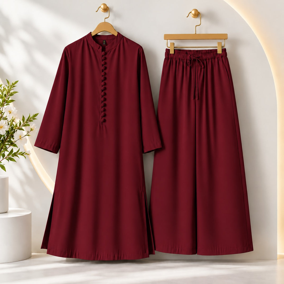 Karizma Solid Long Shirt & Plazo Style 2-Pcs Stiched Co-Ord Set! Maroon Main image
