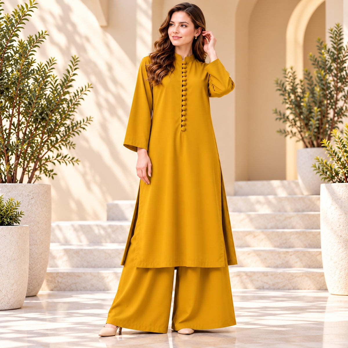 Karizma Solid Long Shirt & Plazo Style 2-Pcs Stiched Co-Ord Set!! Mustard Main image