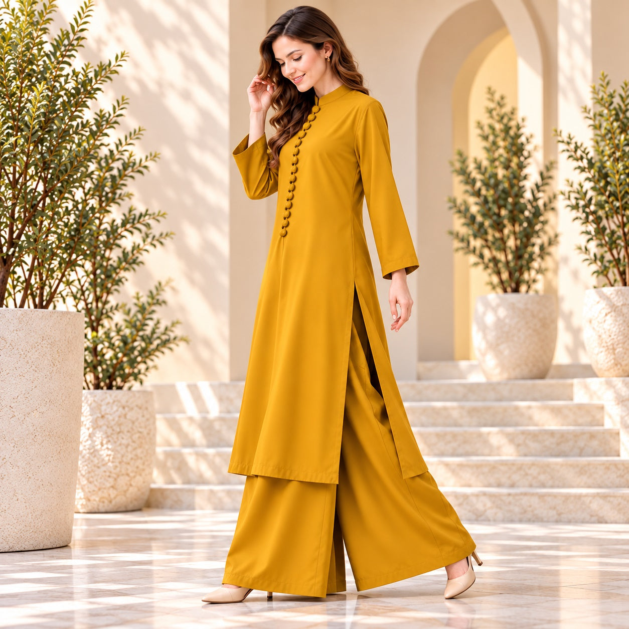 Karizma Solid Long Shirt & Plazo Style 2-Pcs Stiched Co-Ord Set!! Mustard Secondary image