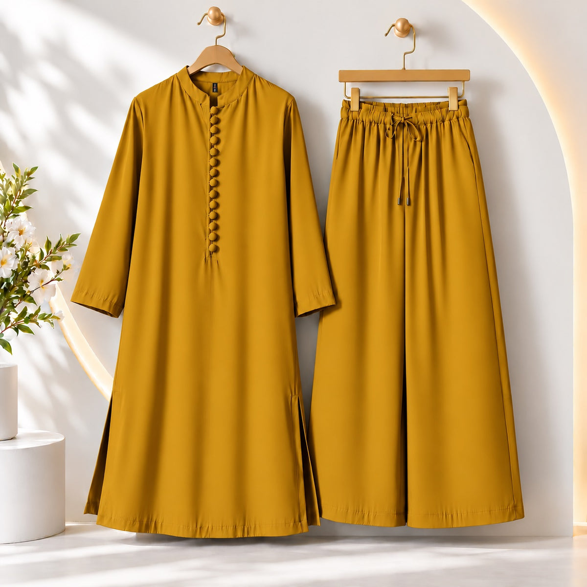 Karizma Solid Long Shirt & Plazo Style 2-Pcs Stiched Co-Ord Set! Mustard Main image