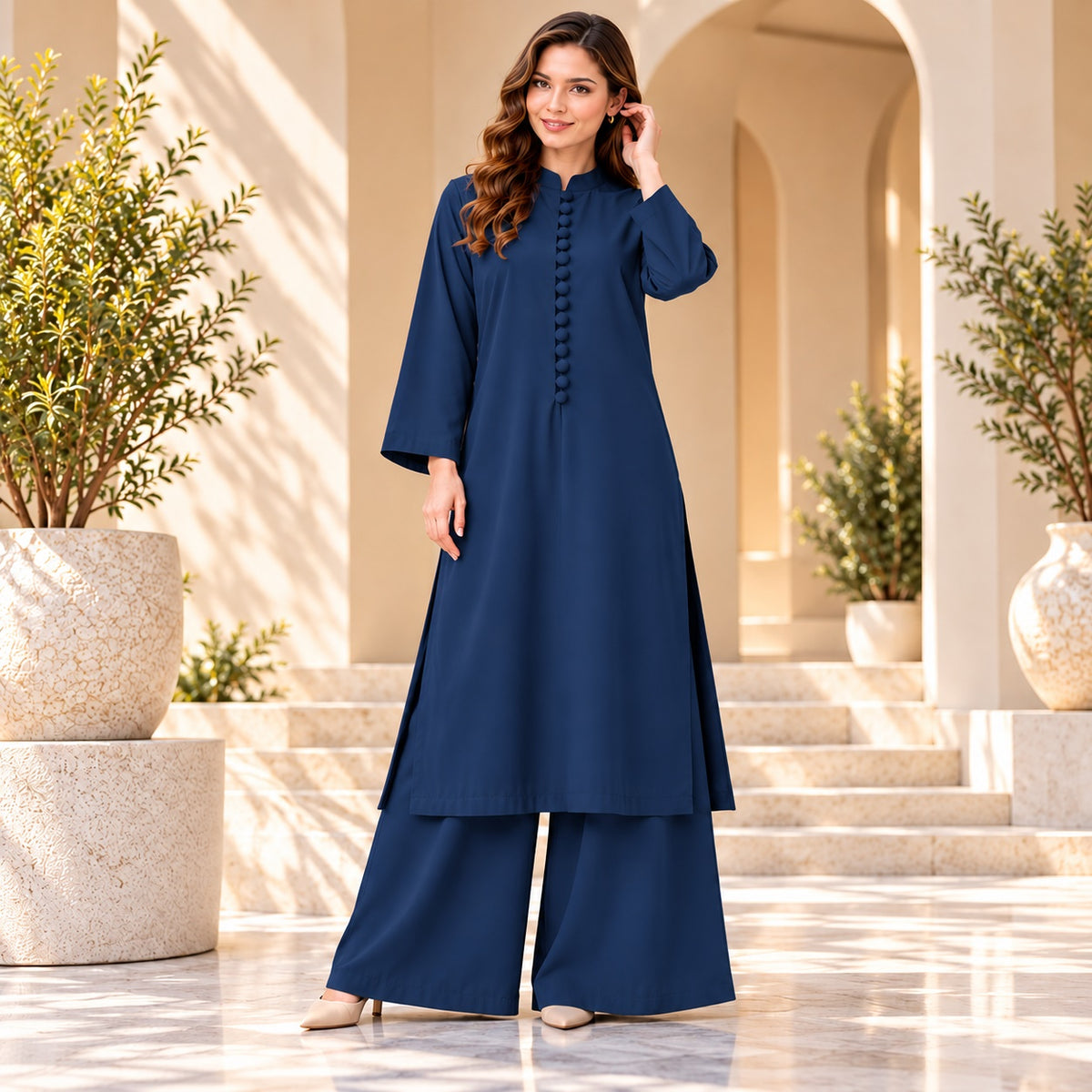 Karizma Solid Long Shirt & Plazo Style 2-Pcs Stiched Co-Ord Set!! Navy Blue Main image