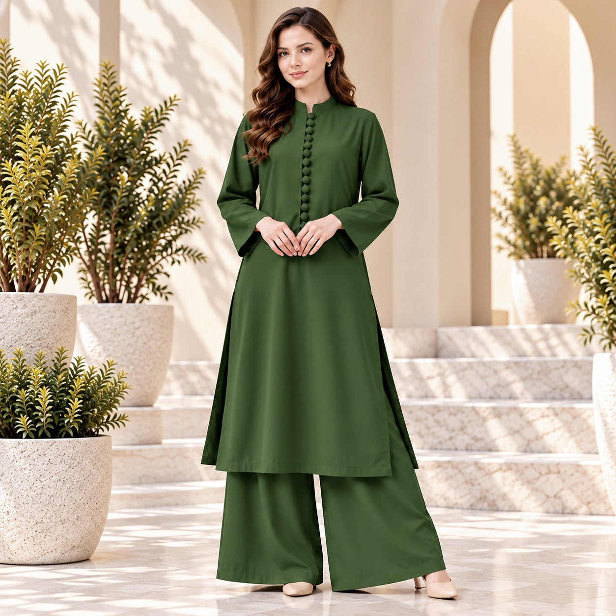 Karizma Solid Long Shirt & Plazo Style 2-Pcs Stiched Co-Ord Set! Olive Green Secondary image