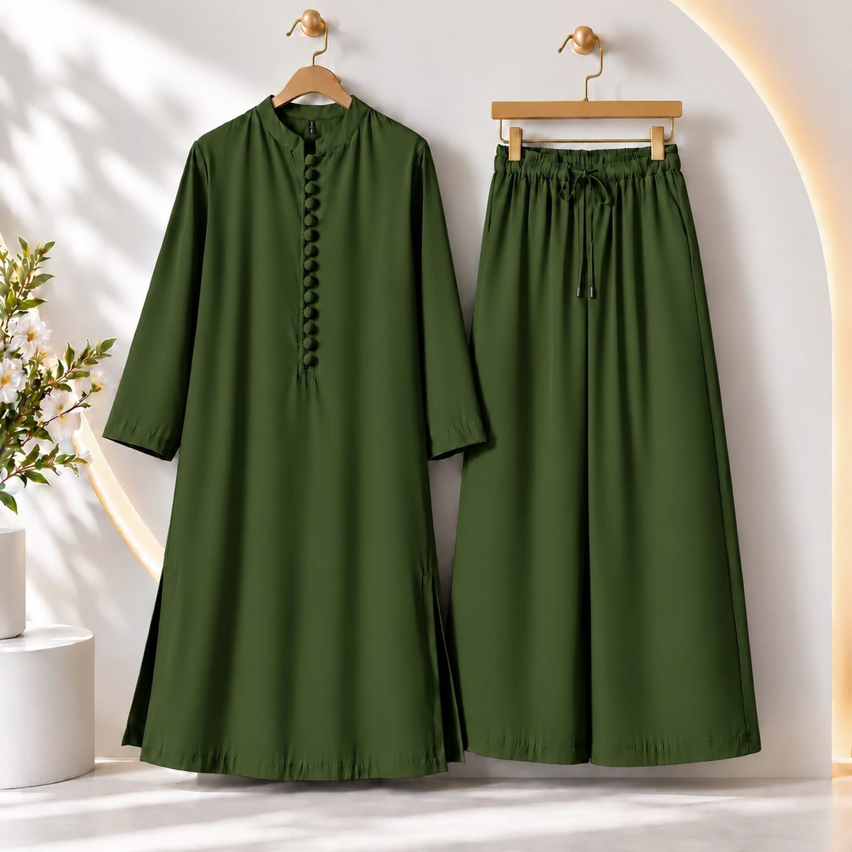Karizma Solid Long Shirt & Plazo Style 2-Pcs Stiched Co-Ord Set! Olive Green Main image