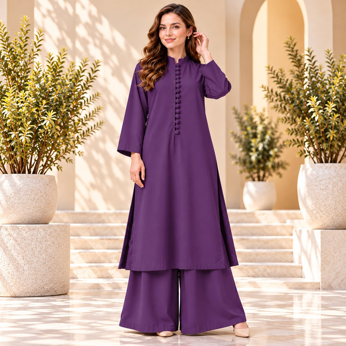 Karizma Solid Long Shirt & Plazo Style 2-Pcs Stiched Co-Ord Set!! Purple Main image