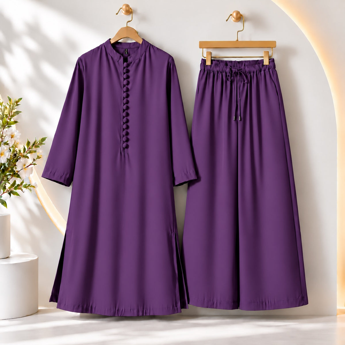 Karizma Solid Long Shirt & Plazo Style 2-Pcs Stiched Co-Ord Set! Purple Main image