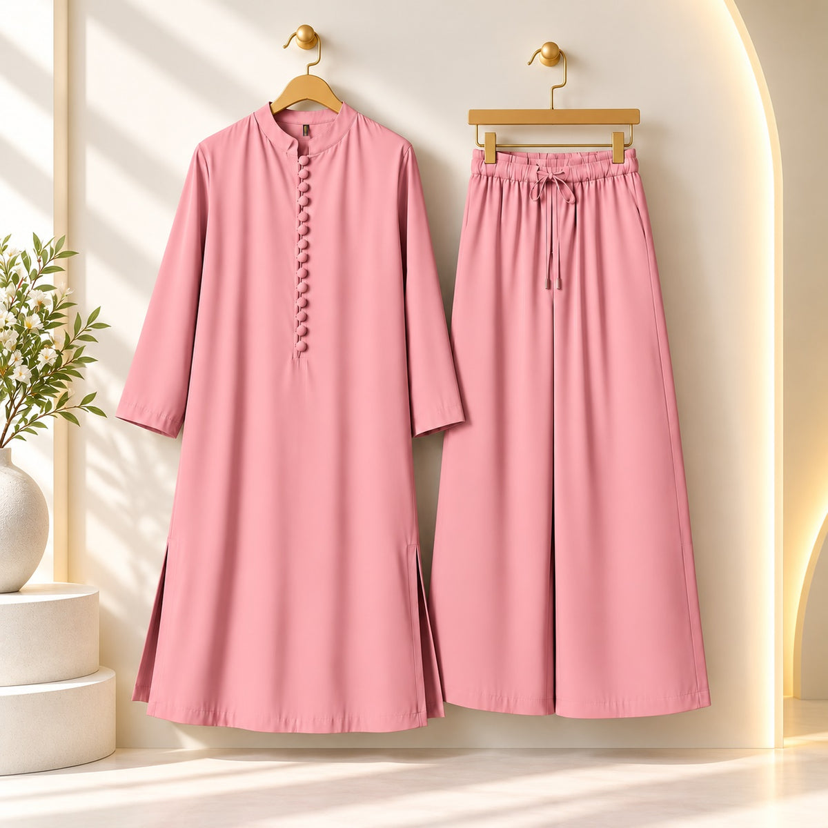 Karizma Solid Long Shirt & Plazo Style 2-Pcs Stiched Co-Ord Set! T-Pink Main image