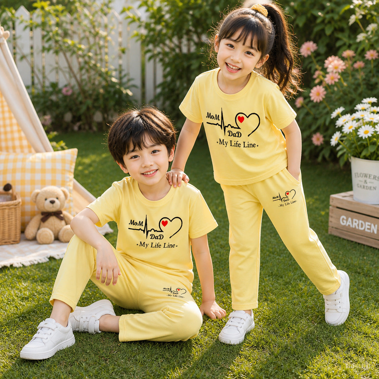Yellow I Love D+M Kids Trouser Pintex Style 2-Pcs Summer Suit. (HTS+TR) Main image