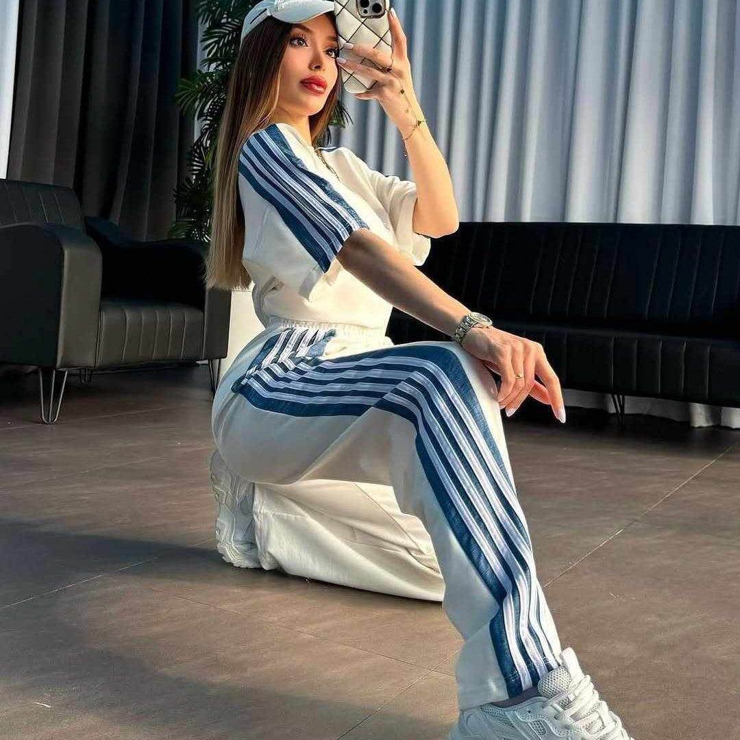 Drop-Shoulder Stripe Style 2-Pcs Summer Dry-Fit Tracksuit For Her. WSTS-04
