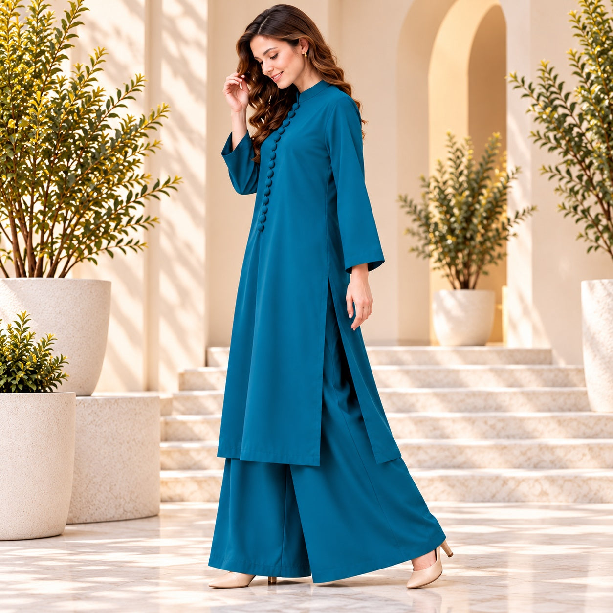 Karizma Solid Long Shirt & Plazo Style 2-Pcs Stiched Co-Ord Set!! Zinc Blue Secondary image
