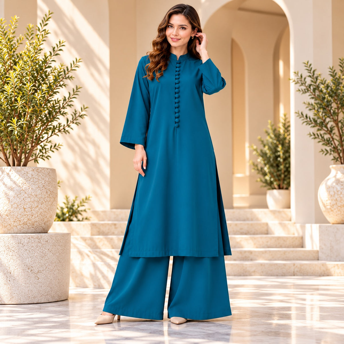 Karizma Solid Long Shirt & Plazo Style 2-Pcs Stiched Co-Ord Set!! Zinc Blue Main image