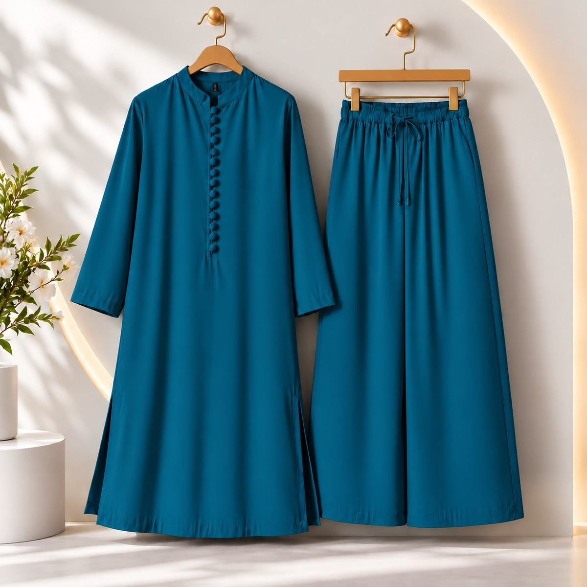 Karizma Solid Long Shirt & Plazo Style 2-Pcs Stiched Co-Ord Set! Zinc Blue Main image