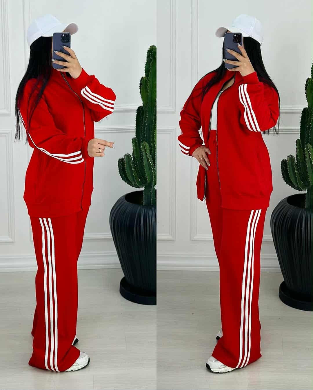 Red Adi 3-Stripe Style Premium Quality Winter 2-Pcs Tracksuit For Her. D-17 Main image