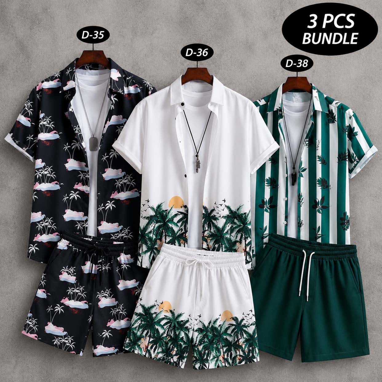 Bundle Of 3 Dry-Fit 3D-Printed Shirt Style 2-Pcs Summer Suit. Deal-23 (Clearance-Sale) D-35+36+38 Main image