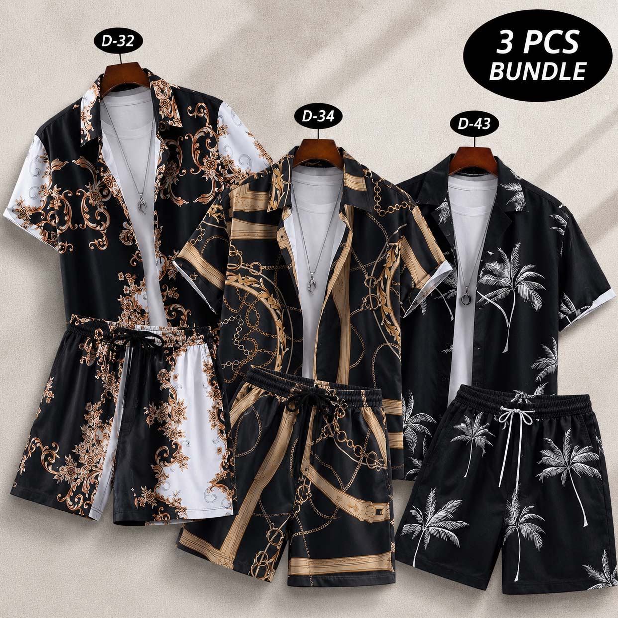 Bundle Of 3 Dry-Fit 3D-Printed Shirt Style 2-Pcs Summer Suit. Deal-22 (Clearance-Sale) D-32+34+43