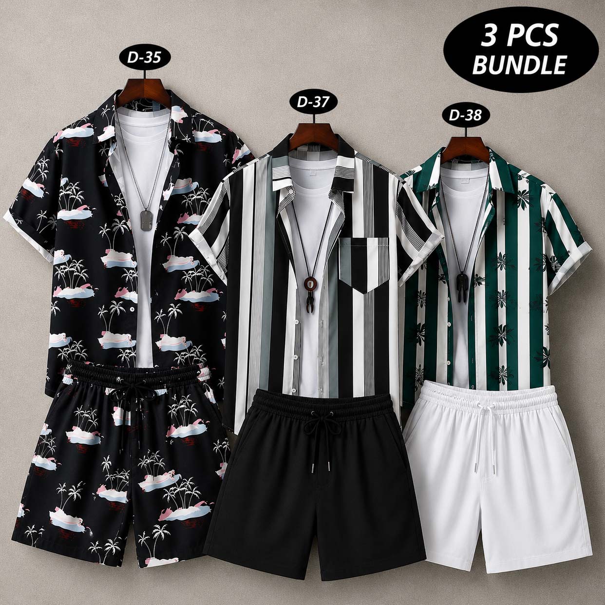 Bundle Of 3 Dry-Fit 3D-Printed Shirt Style 2-Pcs Summer Suit. Deal-22 (Clearance-Sale) D-35+37+38 Main image
